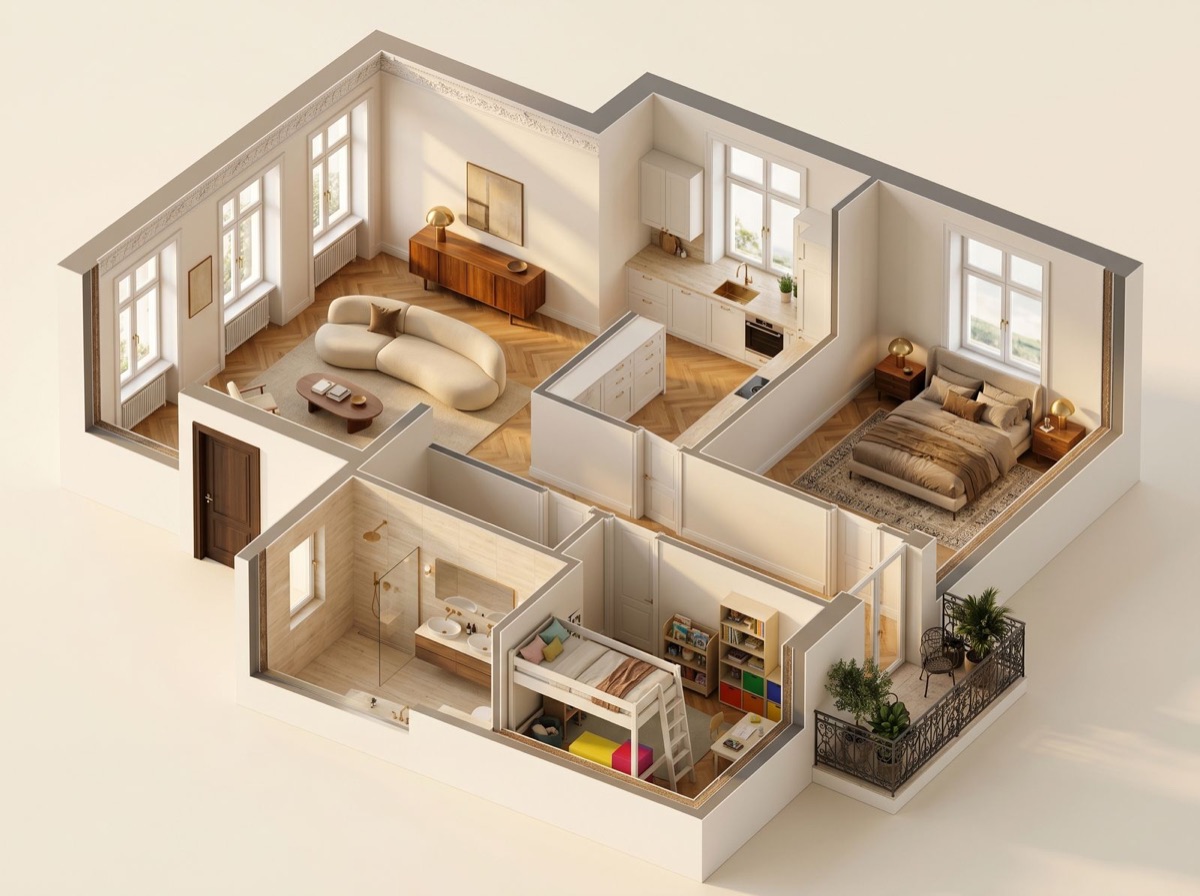 3D-Schnitt durch eine Wohnung aus dem interaktiven Exposé