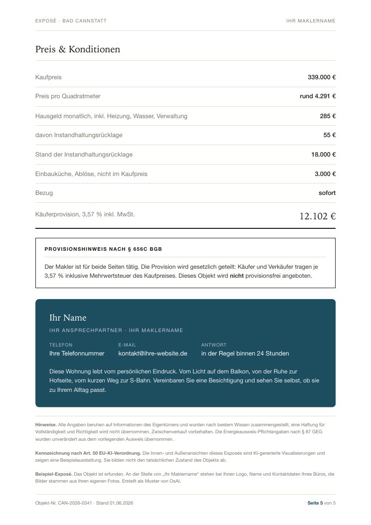 Seite mit Preis, Provisionshinweis und Kontakt