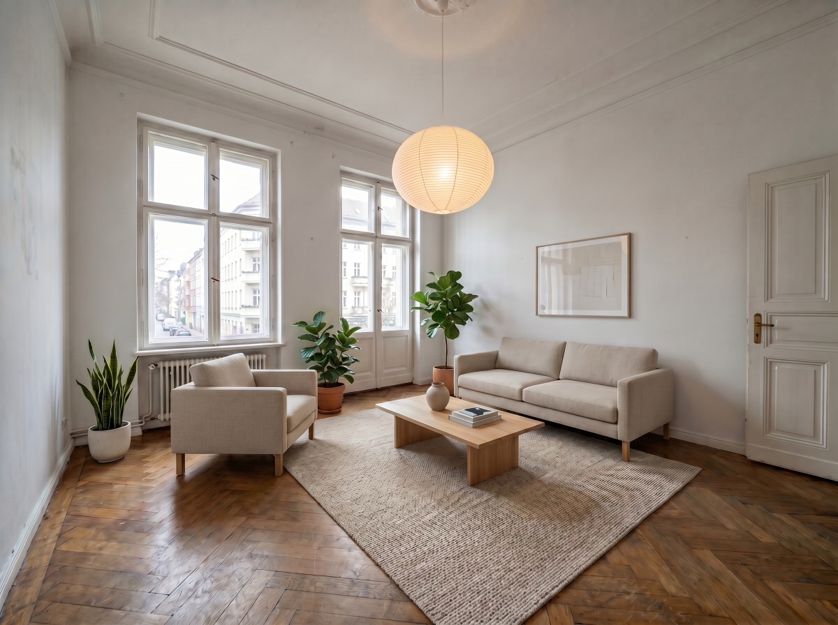 Dasselbe Wohnzimmer virtuell möbliert